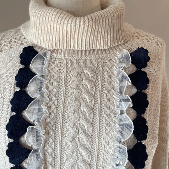 J CREW cable knit embellished ruffled front sweater cowl neck WOOL cream size XS - Picture 4 of 17